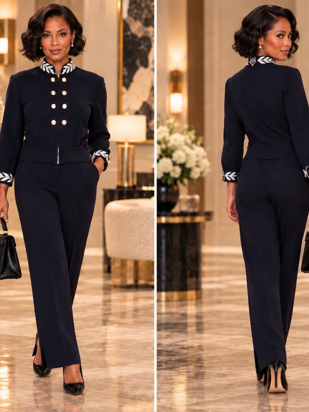 St. John Collection Navy Military-Style Embroidered Jacket & Pants Set – Sz. M